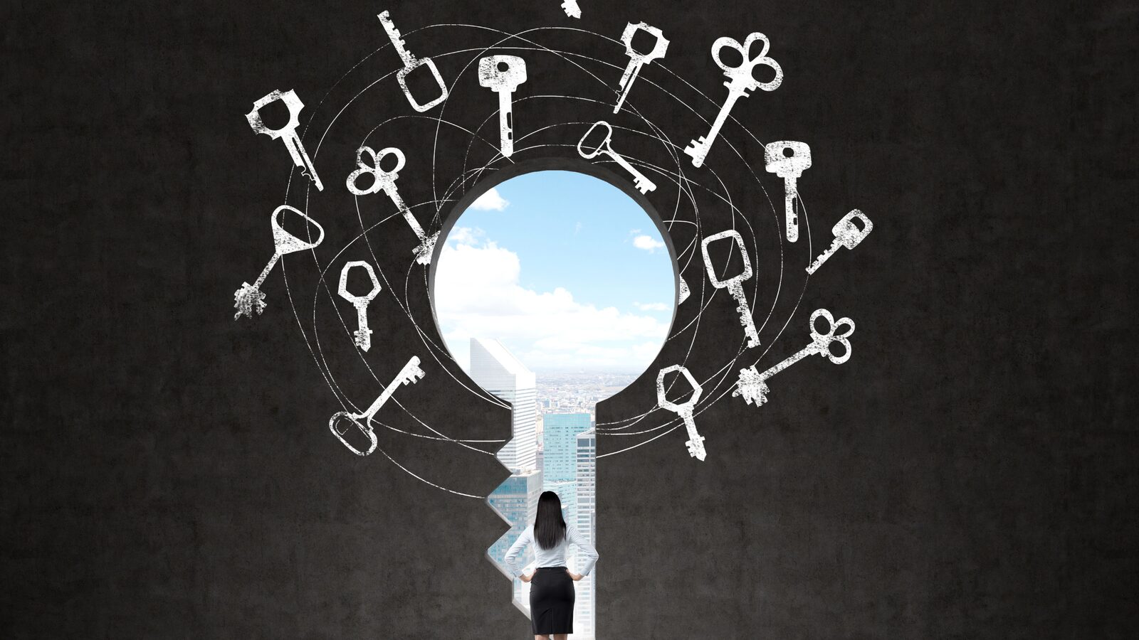 A keyhole surrounded by floating keys, representing hidden access