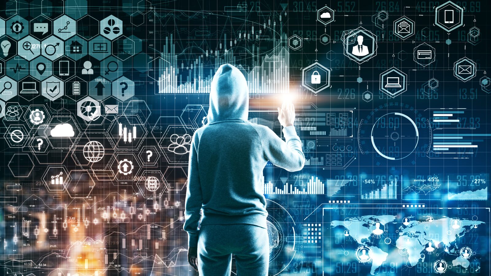 A figure at a wall of digital data, representing complex tracing enquiries