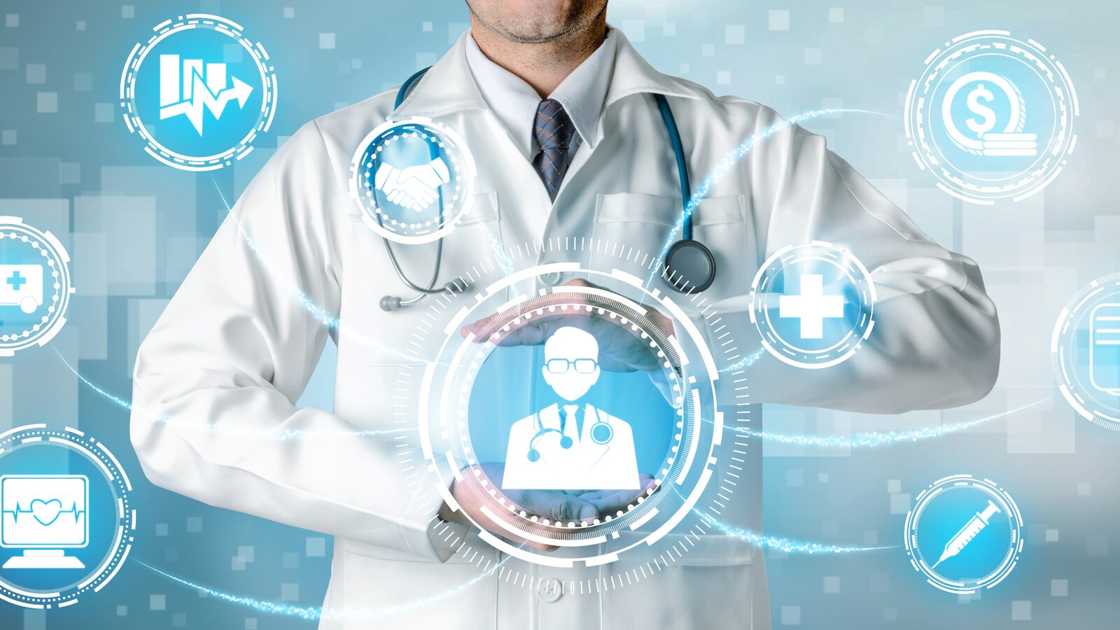 A doctor surrounded by digital health icons