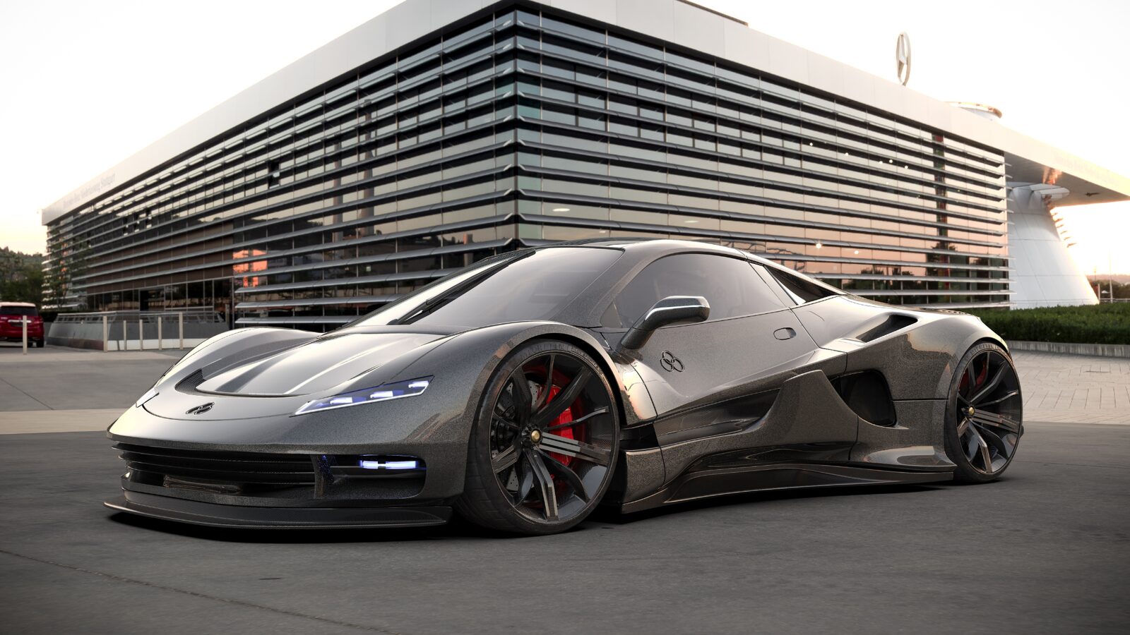 A high performance car parked outside a modern building